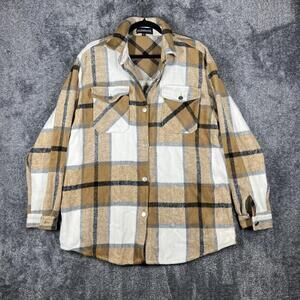 ELEMENTS Shirt Womens XL Beige Plaid Button-Up Collared Long Sleeve Flannel